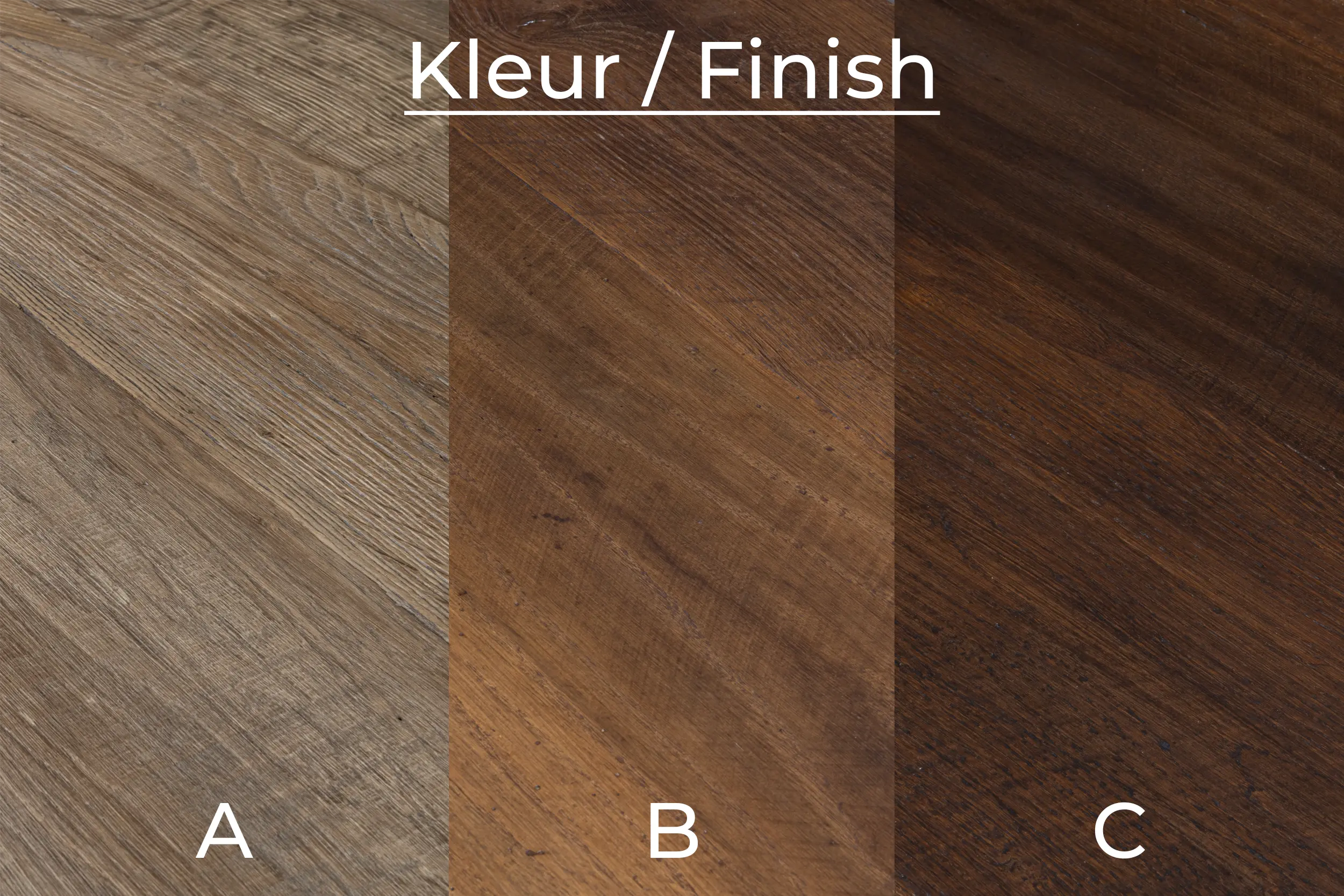 Kleur en finish opties voor oud eikenhout Foto met keuzeopties voor de kleur en afwerking (finish) van de tafel. Andere kleuren en afwerkingen zijn op aanvraag mogelijk. Wij maken alles speciaal voor u met de hand op maat.